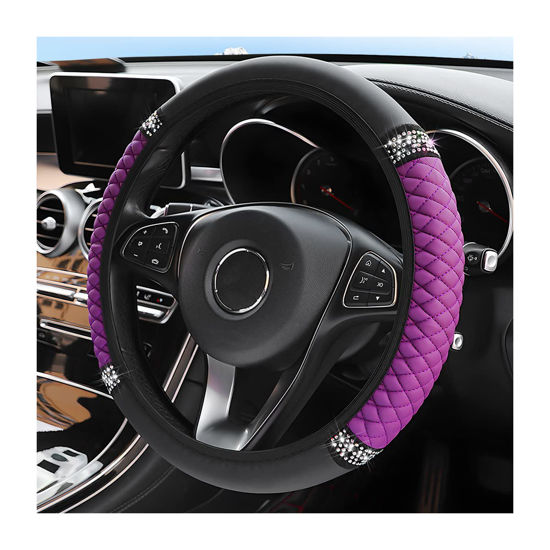 Picture of Bling Soft Leather Steering Wheel Cover, 15 Inch Colorful Rhinestones Auto Elastic Steering Wheel Protector, Sparkly Crystal Diamond for Women Girls, Car Interior Accessories for Most Cars (Purple)