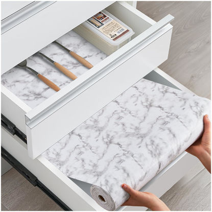 Picture of ALIUNI Drawer and Shelf Liner, Non-Slip Kitchen Cabinet Liners Non-Adhesive Thick Strong Grip Waterproof Washable Mats Protect Dresser Shelves Cupboard Bathroom Cabinets, White Marble, 18 in X 20 FT