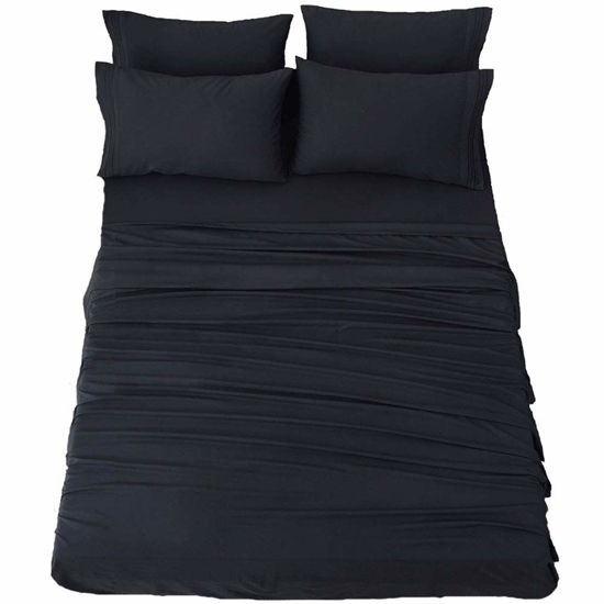 Picture of SONORO KATE Bed Sheet Set Super Soft Microfiber 1800 Thread Count Luxury Egyptian Sheets 18-Inch Deep Pocket，Wrinkle and Hypoallergenic-6 Piece (Black, California King-6 Piece)