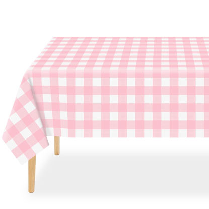 Picture of QIKSION 3 Pack Pink Gingham Tablecloth Pink Plaid Disposable Checkered Tablecloth, Rectangle Waterproof Plastic Table Cloths for Outdoor Picnic, Birthday, Party, Baby Shower(54 × 108 Inch)