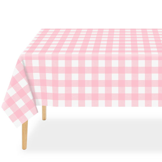 Picture of QIKSION 3 Pack Pink Gingham Tablecloth Pink Plaid Disposable Checkered Tablecloth, Rectangle Waterproof Plastic Table Cloths for Outdoor Picnic, Birthday, Party, Baby Shower(54 × 108 Inch)