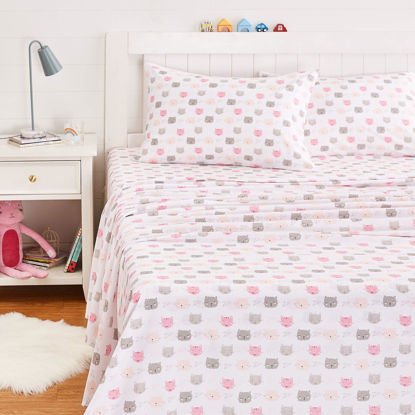 Picture of Amazon Basics - 4 Piece Kid's Soft Easy-Wash Lightweight Microfiber Sheet Set, Full, Pink Kitties, Animal Print