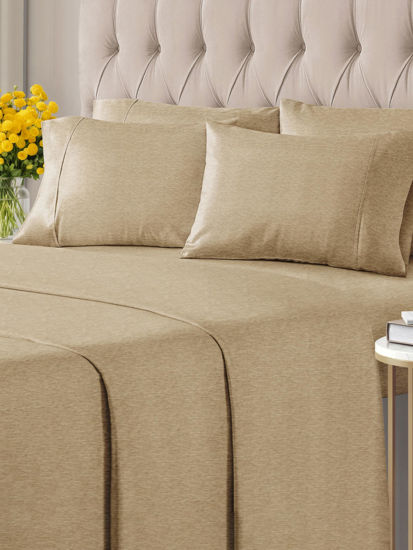 Picture of Cal King 6 Piece Sheet Set - Breathable & Cooling Bed Sheets - Hotel Luxury Bed Sheets for Women, Men, Kids & Teens - Deep Pockets - Easy Fit - Soft & Wrinkle Free - Cal King Heathered Tan Sheets