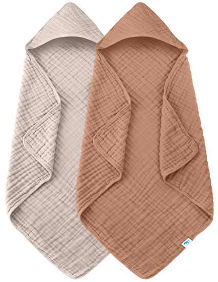 Picture of SWEET DOLPHIN Muslin Hooded Baby Bath Towels - 2 Pack 100% Cotton Towel for Babies, Infants, Toddlers - 32x32Inch - Highly Absorbent and Newborn Essential, Light Bean Paste