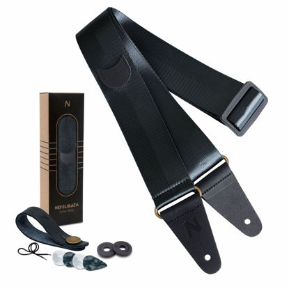 Picture of Guitar Strap with Pick Pocket, Vintage Nylon Full Grain Leather Ends Guitar Straps for Bass, Electric & Acoustic Guitar, Come with Free Strap Button, 1 Pair Strap Locks and 6 Guitar Picks (Bright Black)