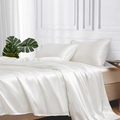 Picture of MR&HM Satin Bed Sheets, Queen Size Sheets Set, 4 Pcs Silky Bedding Set with 15 Inches Deep Pocket for Mattress (Queen, Ivory)