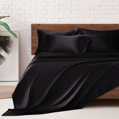 Picture of MR&HM Satin Bed Sheets, King Size Sheets Set, 6 Pcs Silky Bedding Set with 15 Inches Deep Pocket for Mattress(King, Black)