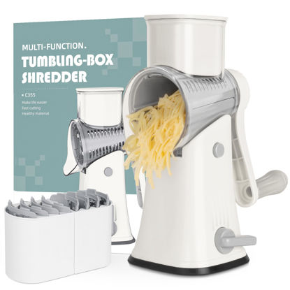 Picture of X Home 5-in-1 Rotary Cheese Grater for Kitchen, Upgraded Hand Crank Shredder with Stronger Suction Base & Multifunctional Drum Blades, for Cheese, Vegetables and Nuts, Easy to Use and Clean, White