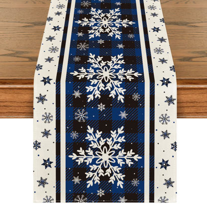 Picture of Artoid Mode Buffalo Plaid Snowflakes Blue Christmas Table Runner, Seasonal Winter Kitchen Dining Table Decoration for Home Party Decor 13x120 Inch
