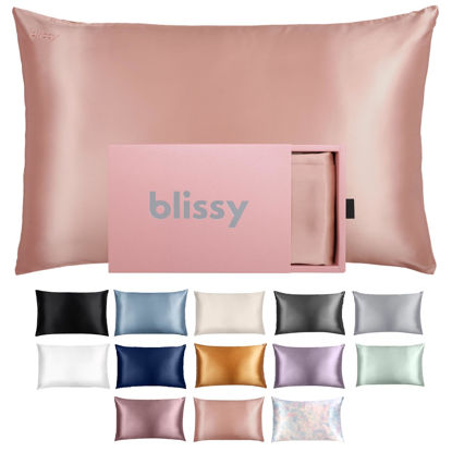 Picture of Blissy Silk Pillowcase - 100% Pure Mulberry Silk - 22 Momme 6A High-Grade Fibers - Silk Pillow Cover for Hair & Skin - Regular, Queen & King with Hidden Zipper (King, Rose Gold)