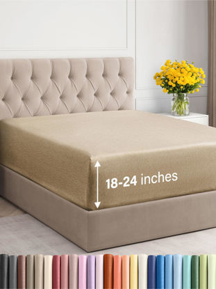 Picture of Extra Deep Queen Fitted Sheet - Hotel Luxury Single Fitted Sheet Only - Easily Fits 18 inch to 24 inch Mattress - Soft, Wrinkle Free, Breathable & Comfy Extra Deep Pockets Heathered Tan Fitted Sheet