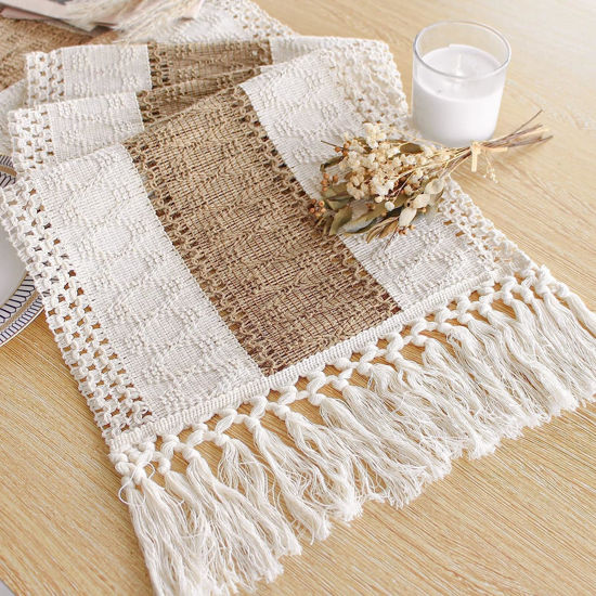 Picture of FEXIA Boho Table Runner for Home Decor with Tassels 36 Inches Long Farmhouse Rustic Table Runner Cream & Brown Macrame Table Runner for Boho Dining Bedroom Decor Rustic Bridal Shower (12x36 Inches)