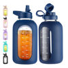 Picture of CIVAGO 64 oz Glass Water Bottle Jug with Straw and Handle, Half Gallon Sports Motivational Water Bottle with Time Marker and 2 Lids, Large Water Flask Canteen with Silicone Sleeve for Gym,Navy