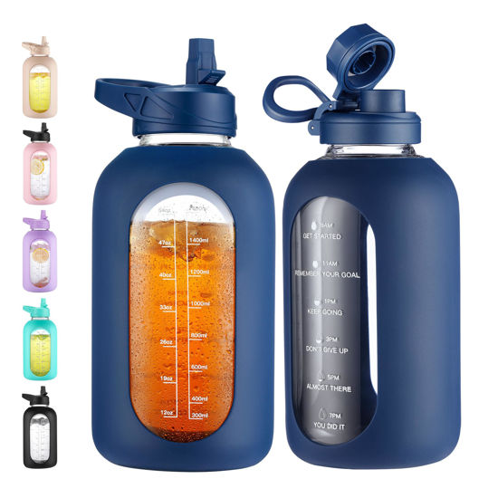 Picture of CIVAGO 64 oz Glass Water Bottle Jug with Straw and Handle, Half Gallon Sports Motivational Water Bottle with Time Marker and 2 Lids, Large Water Flask Canteen with Silicone Sleeve for Gym,Navy