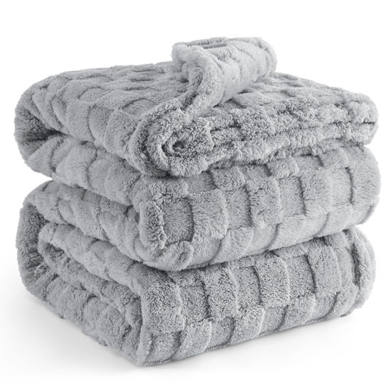 Picture of Bedsure Silver Grey Fleece Blanket for Couch - Super Soft Cozy Queen Blankets for Women, Cute Small Throws for Girls, 90x90 Inches