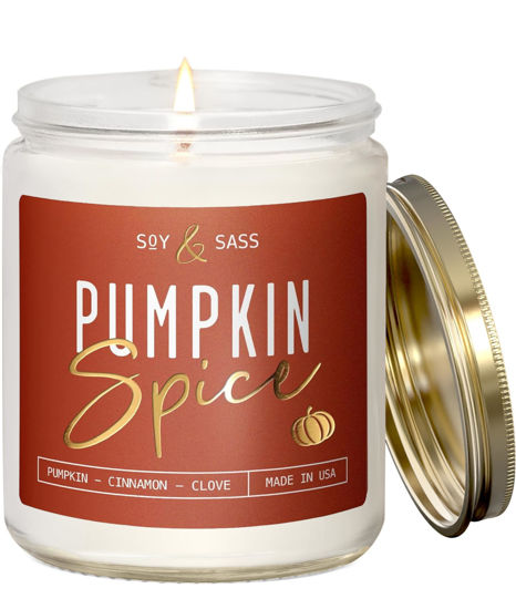 Picture of Pumpkin Spice Candle, Fall Candles - 'Pumpkin Spice' Pumpkin Candle, Autumn Scented Soy Candles for Home, Fall Scented Candles for Home, Fall Home Décor, 9oz Reusable Jar, 50Hr Burn, Made in USA