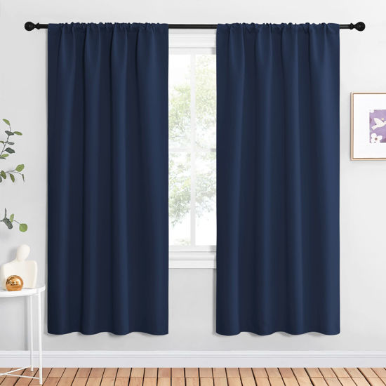 Picture of NICETOWN Navy Blue Blackout Curtains for Living Room - Triple Weave Home Decoration Thermal Insulated Solid Rod Pocket Blackout Drapes for Bedroom(Set of 2, 42 x 72 Inch)
