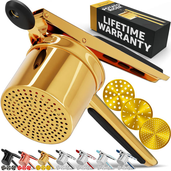 Picture of PriorityChef Large 15oz Potato Ricer With 3 Discs, Heavy Duty Stainless Steel Potato Ricer for Mashed Potatoes, Potato Masher, Press and Ricer Kitchen Tool, Gold Steel Black Silicone