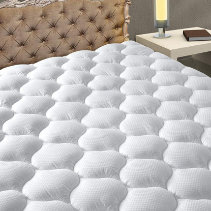 Picture of MATBEBY Bedding Quilted Fitted King Mattress Pad Cooling Breathable Fluffy Soft Mattress Pad Stretches up to 21 Inch Deep, King Size, White, Mattress Topper Mattress Protector
