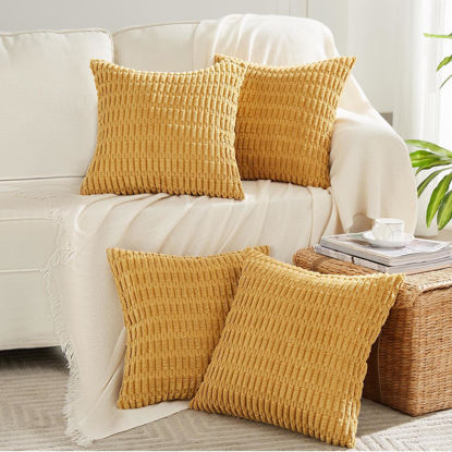Picture of Fancy Homi 4 Packs Mustard Yellow Decorative Throw Pillow Covers 16x16 Inch for Living Room Couch Bed Sofa, Rustic Farmhouse Boho Home Decor, Soft Plush Striped Corduroy Square Cushion Case 40x40 cm