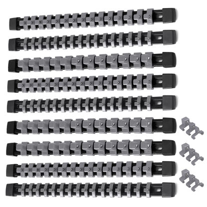 Picture of ALOANES 9PC ABS Socket Organizer, 1/2 inch, 3/8 inch and 1/4 inch Drive Socket Rail Holders, Heavy Duty Socket Racks, Black Rails with Gray Clips