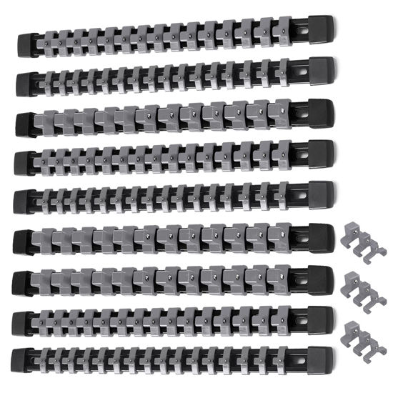 Picture of ALOANES 9PC ABS Socket Organizer, 1/2 inch, 3/8 inch and 1/4 inch Drive Socket Rail Holders, Heavy Duty Socket Racks, Black Rails with Gray Clips