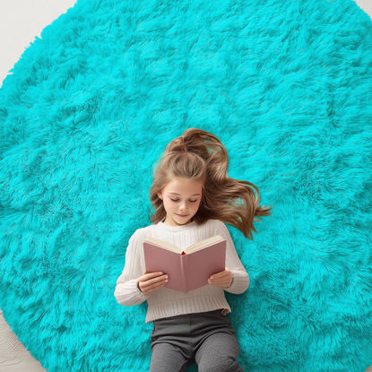 Picture of OLANLY Teal Blue Round Rugs for Bedroom - Machine Washable, 6x6 Feet Circle Area Rugs for Living Room, Soft and Fluffy Shaggy Carpet for Teen Girls and Boys, Dorms, Nursery Rooms, Home Decor Aesthetic