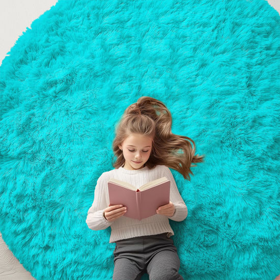 Picture of OLANLY Teal Blue Round Rugs for Bedroom - Machine Washable, 6x6 Feet Circle Area Rugs for Living Room, Soft and Fluffy Shaggy Carpet for Teen Girls and Boys, Dorms, Nursery Rooms, Home Decor Aesthetic