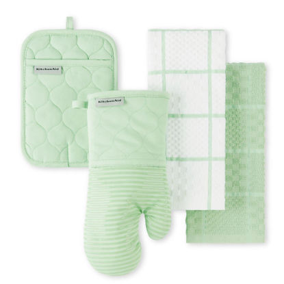 Picture of KITCHENAID Quilted Cotton Terry Cloth Oven Mitt, Pot Holder, Kitchen Towel 4-Pack Set, Heat Resistant, Silicone Grip, Gift Set, Pistachio, 16"x26", 7"x13" & 7"x10"