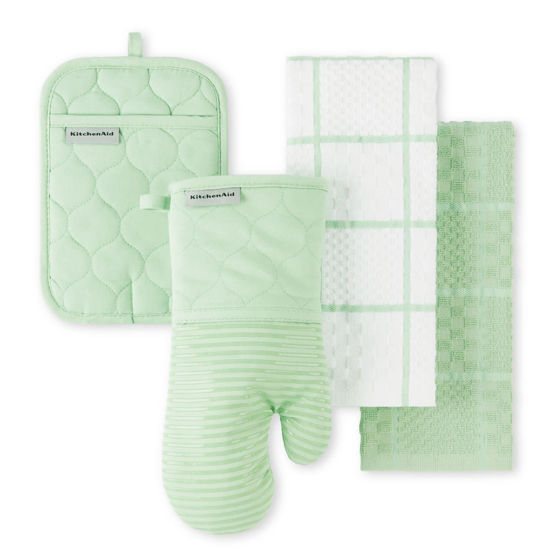 Picture of KITCHENAID Quilted Cotton Terry Cloth Oven Mitt, Pot Holder, Kitchen Towel 4-Pack Set, Heat Resistant, Silicone Grip, Gift Set, Pistachio, 16"x26", 7"x13" & 7"x10"