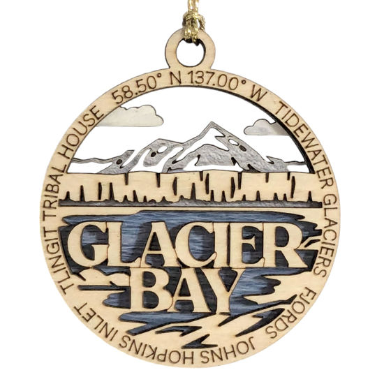 Picture of Glacier Bay National Park Scene showcasing Glacier Bay's Tidewater Glaciers & Fjords - 2-Layer Wood Ornament, 3" Round, Laser Cut, Made in USA