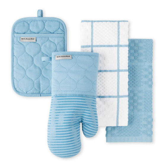 Picture of KitchenAid Quilted Cotton Terry Cloth Oven Mitt, Pot Holder Heat Resistant, 16"x26", 7"x13" & 7"x10", Blue Velvet