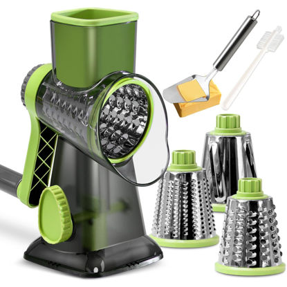 Picture of KEOUKE Rotary Cheese Grater with Handle Vegetable Cheese Shredder Slicer Grater for Kitchen 3 Changeable Blades for Cheese Potato Zucchini Nuts Chocolate (Green SP)