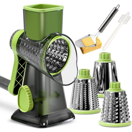 Picture of KEOUKE Rotary Cheese Grater with Handle Vegetable Cheese Shredder Slicer Grater for Kitchen 3 Changeable Blades for Cheese Potato Zucchini Nuts Chocolate (Green SP)