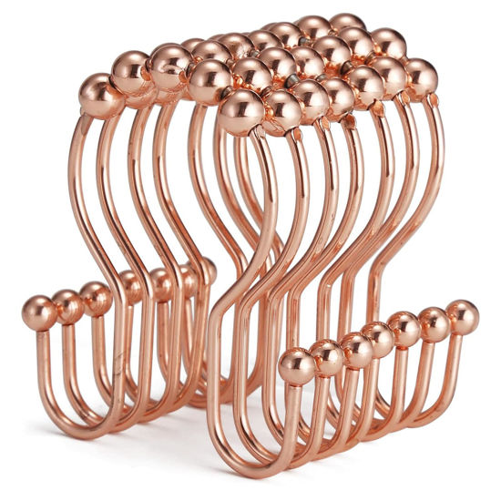 Picture of Goowin Shower Curtain Hooks, 12 Pcs Shower Curtain Rings, Stainless Steel Shower Curtain Hooks Rings Rust Proof, Smooth Sliding Anti-Drop Double Shower Hooks for Shower Curtain, Rods (Rose Gold)