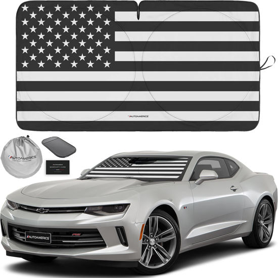 Picture of Autoamerics 1-Piece Windshield Sun Shade B&W American Flag USA Patriotic Design - Foldable Car Front Window Sunshade for Most Sedans SUV Truck - Blocks Max UV Rays and Keeps Your Vehicle Cool - Small