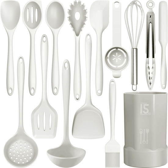 Picture of Silicone Cooking Utensils Set - 446°F Heat Resistant Silicone Kitchen Utensils,Spatula,Spoon, Kitchen Utensil Sets Gadgets Tools Set for Nonstick Cookware,Dishwasher Safe Bpa Free (Cream White)