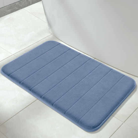 Picture of Yimobra Memory Foam Bath Mat Large Size, 31.5 x 19.8 Inches,Soft and Comfortable, Super Water Absorption, Non-Slip, Thick, Machine Wash, Easier to Dry for Bathroom Floor Rug, Denim Blue