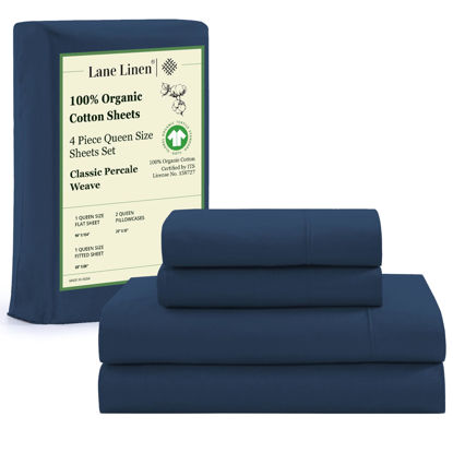 Picture of LANE LINEN 100% Organic Cotton Sheets Set, 4Pc Sheet Set Queen Size, Classic Percale Weave, Breathable Queen Cotton Sheet Set, Hotel Luxury Queen Deep Pocket Sheet Set, Oeko-Tex Sheets - Estate Blue