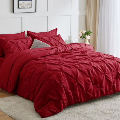 Picture of CozyLux Red Comforter Full - 7 Pieces Bed in a Bag Dark Red, Pintuck Full Size Comforter Sets Pinch Pleat Bedding Sets with All Season Comforter, Flat Sheet, Fitted Sheet and Pillowcases & Shams