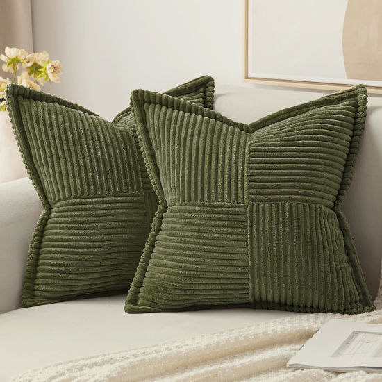 Picture of MIULEE Olive Green Corduroy Pillow Covers 18x18 inch with Splicing Set of 2 Super Soft Boho Striped Pillow Covers Broadside Decorative Spring Textured Throw Pillows for Couch Cushion Bed Livingroom