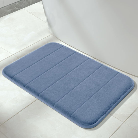 Picture of Yimobra Memory Foam Bath Mat Rug, 24 x 17 Inches, Comfortable, Soft, Non-Slip, Super Absorbent, Quick Drying Bathroom Rug for Floor, Tub & Shower, Machine Washable, Thick, Denim Blue