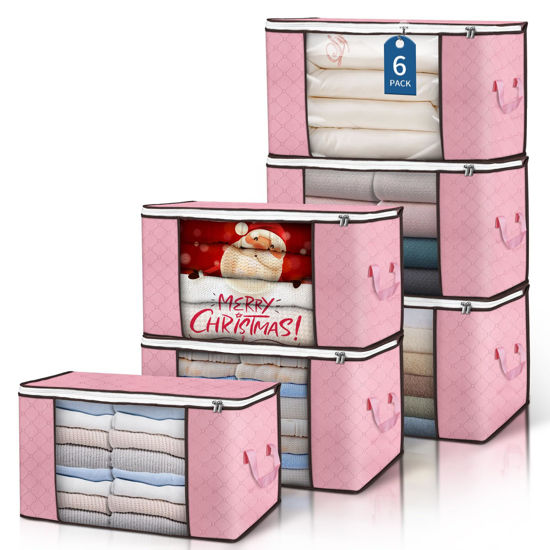 Picture of Budding Joy 90 L Large Storage Bags, 6 Pack Clothes Storage Bins Foldable Closet Organizer Storage Containers Storage and Organization for Blanket, Comforters, Bed Sheets, Pillows (Pink)