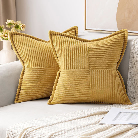 Picture of MIULEE Gold Pillow Covers 18x18 Inch with Splicing Set of 2 Super Soft Boho Striped Corduroy Pillow Covers Broadside Decorative Textured Throw Pillows for Couch Cushion Livingroom