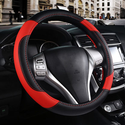 Picture of Leather Car Steering Wheel Cover, Non-Slip Car Wheel Cover Protector Breathable Microfiber Leather Universal Fit for Most Cars (Black & Red)