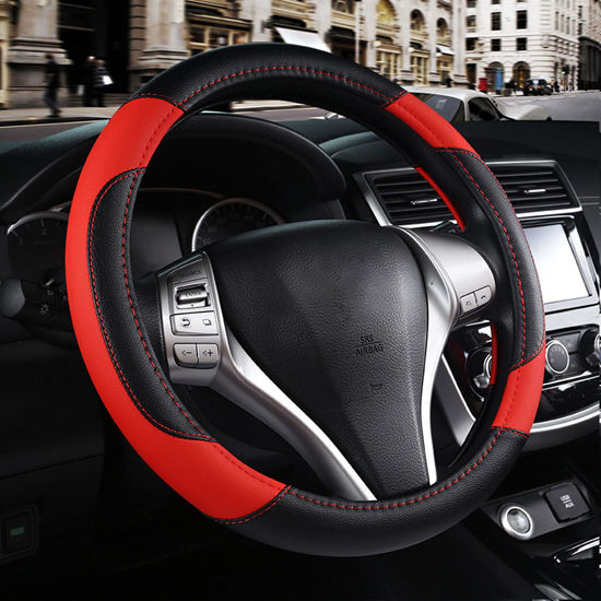 Picture of Leather Car Steering Wheel Cover, Non-Slip Car Wheel Cover Protector Breathable Microfiber Leather Universal Fit for Most Cars (Black & Red)