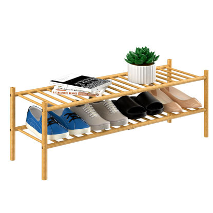 Picture of ROMGUAR CRAFT 2-Tier Bamboo Long Shoe Rack, Free Standing Wood Shoe Shelf Storage Organizer for Closet Entryway Stackable 35"x11"x13" (Natural)