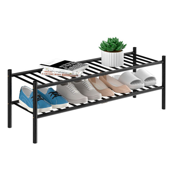 Picture of ROMGUAR CRAFT 2-Tier Bamboo Long Shoe Rack, Free Standing Wood Shoe Shelf Storage Organizer for Closet Entryway Stackable 35"x11"x13" (Black)
