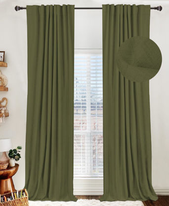 Picture of 100% Blackout Shield Linen Blackout Curtains for Bedroom 90 Inches Long,Back Tab/Rod Pocket Living Room Drapes,Thermal Insulated Textured Blackout Curtains 2 Panels Set,50" W x 90" L,Olive Green
