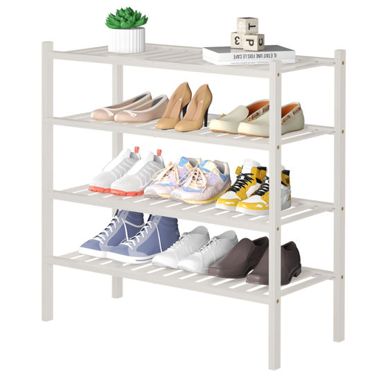 Picture of ROMGUAR CRAFT 4 Tier Bamboo Shoe Rack for Closet Free Standing Wood Shoe Shelf for Entryway Small Space Stackable 27"x11"x26" (White)